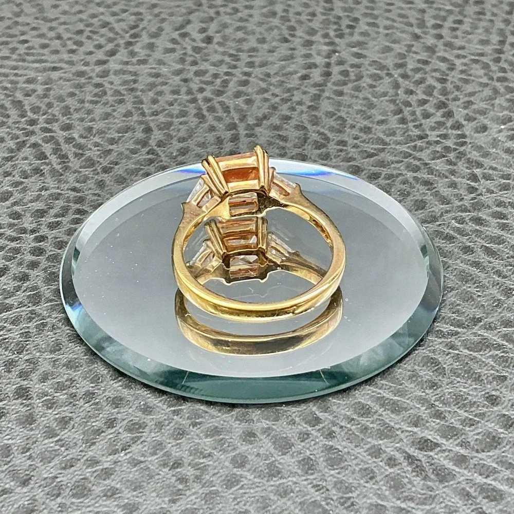 Ring Size 9 Gold Tone Champagne Square Stone Clear Sides Cocktail Womens Jewelry